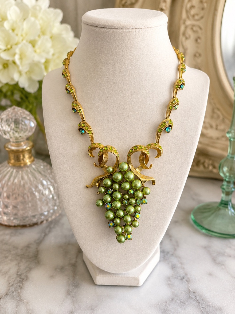 Vintage Green Grape Cluster Statement Necklace | AB Rhinestones | Unsigned